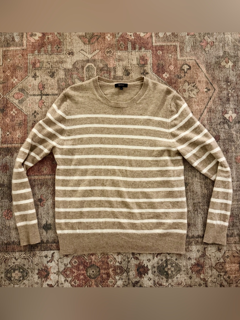 Quince 100% Cashmere Beige and Cream Striped Crewneck Sweater